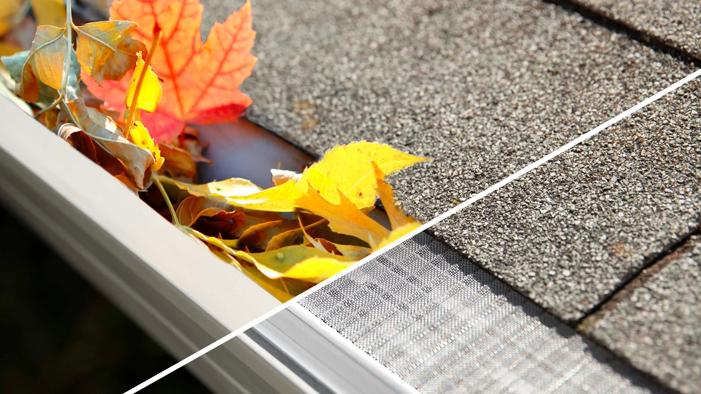 Leaves clogging gutter with a slash showing the screen protecting the gutter from debris